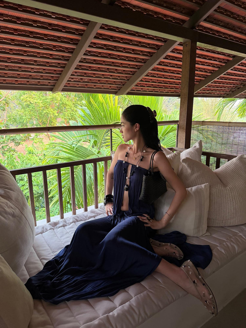 rovente Navy Slit Low Waist Women's Strapless Maxi Dresses