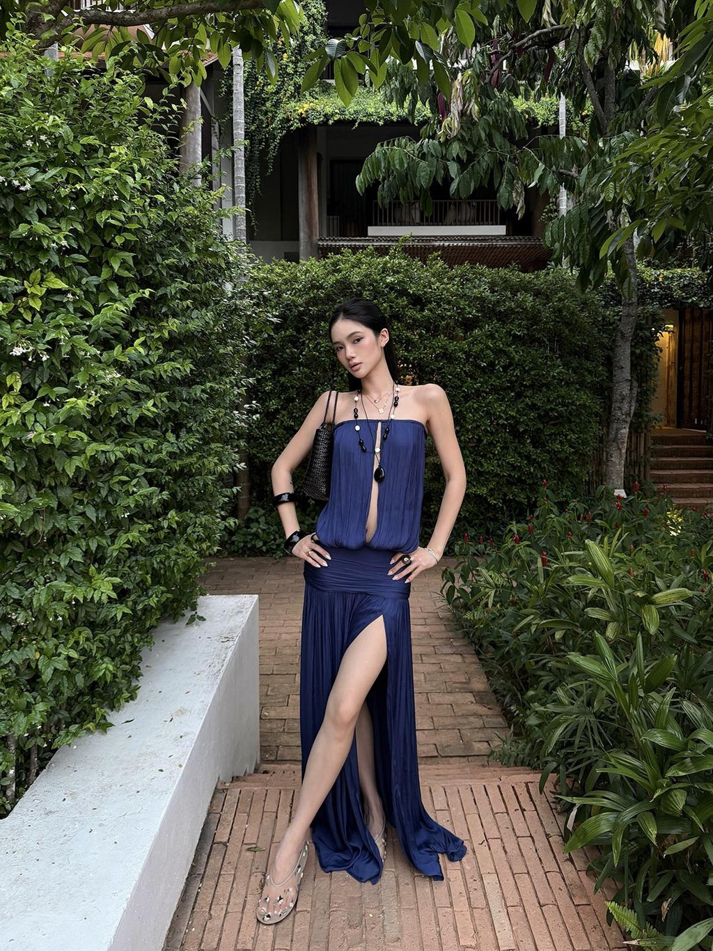 rovente Navy Slit Low Waist Women's Strapless Maxi Dresses