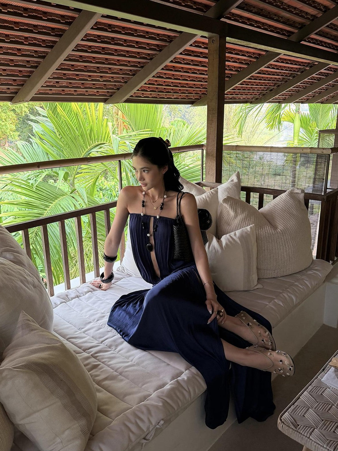 rovente Navy Slit Low Waist Women's Strapless Maxi Dresses