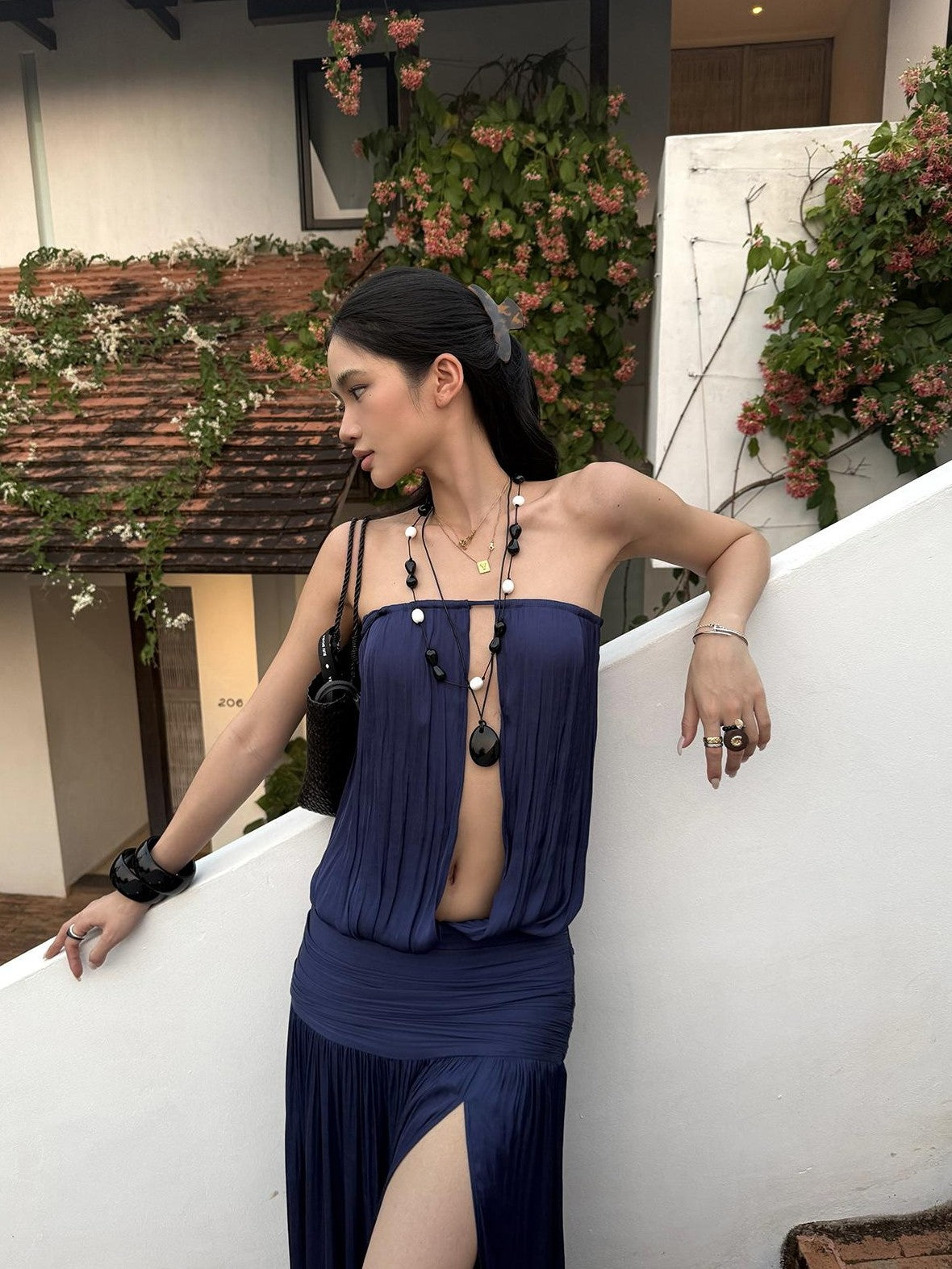 rovente Navy Slit Low Waist Women's Strapless Maxi Dresses