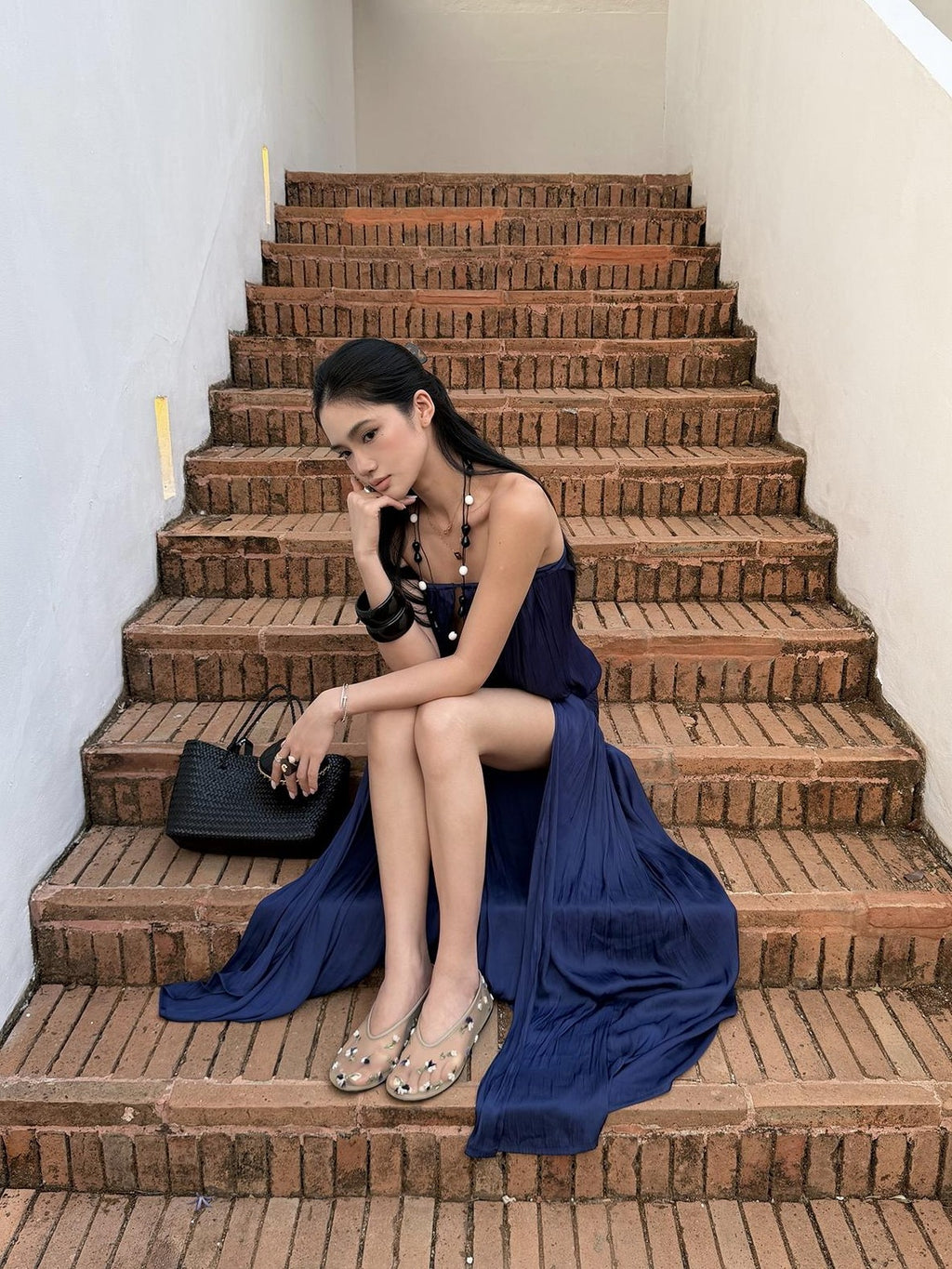rovente Navy Slit Low Waist Women's Strapless Maxi Dresses