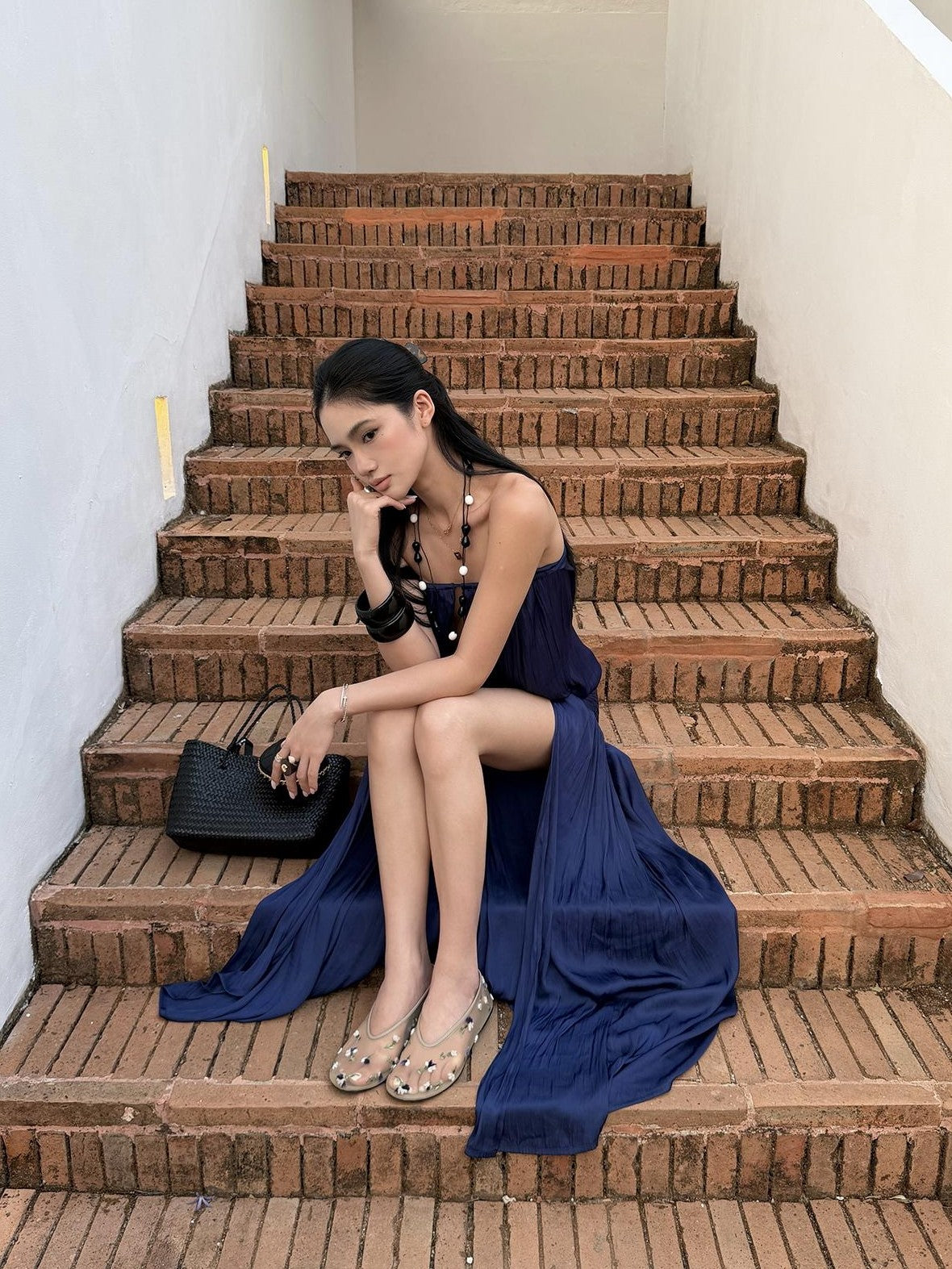 rovente Navy Slit Low Waist Women's Strapless Maxi Dresses