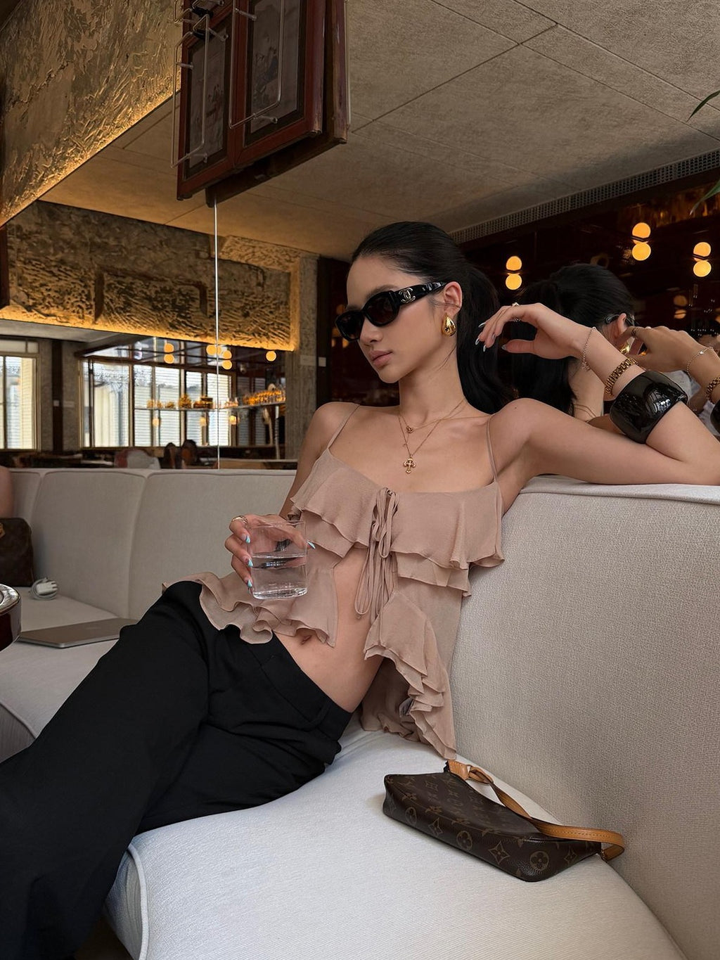 rovente Nude Ruffle Lace Cutout Adjustable Tie Women's Sheer Camisoles