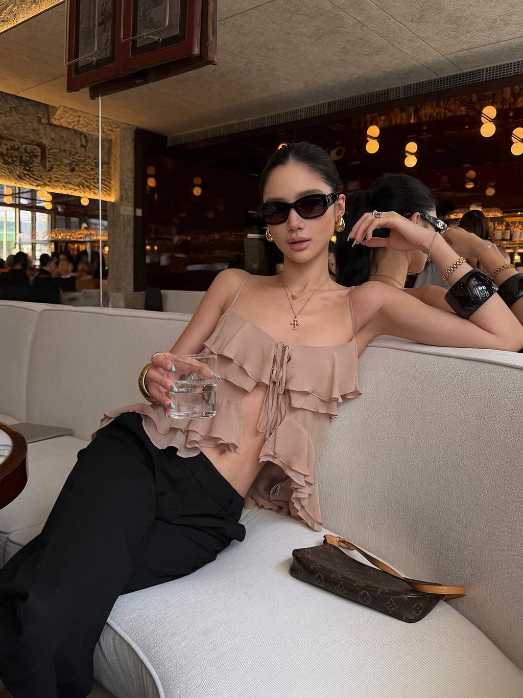rovente Nude Ruffle Lace Cutout Adjustable Tie Women's Sheer Camisoles