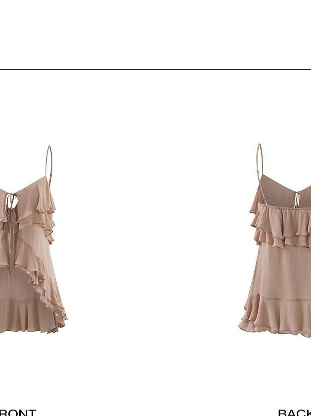 rovente Nude Ruffle Lace Cutout Adjustable Tie Women's Sheer Camisoles