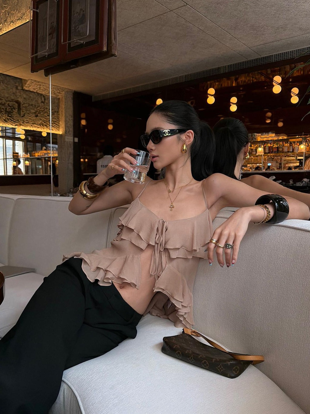 rovente Nude Ruffle Lace Cutout Adjustable Tie Women's Sheer Camisoles