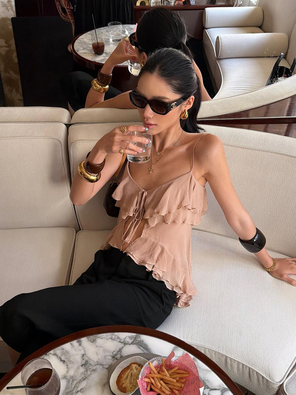 rovente Nude Ruffle Lace Cutout Adjustable Tie Women's Sheer Camisoles