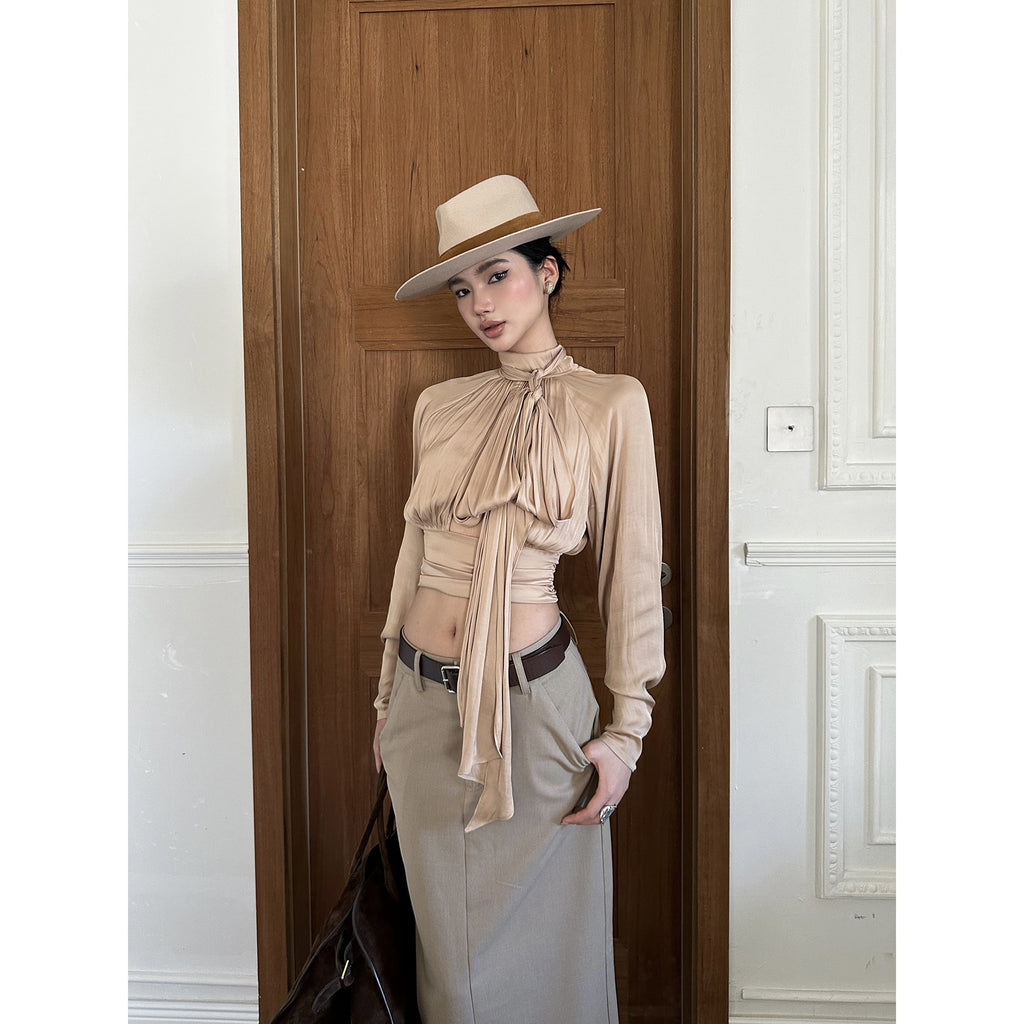 rovente_Nude_Tie_Cinched_Waist_Stand_Collar_Long_Sleeve_Women's_Polyester_Bow_Blouses_971607794228_MISSTT