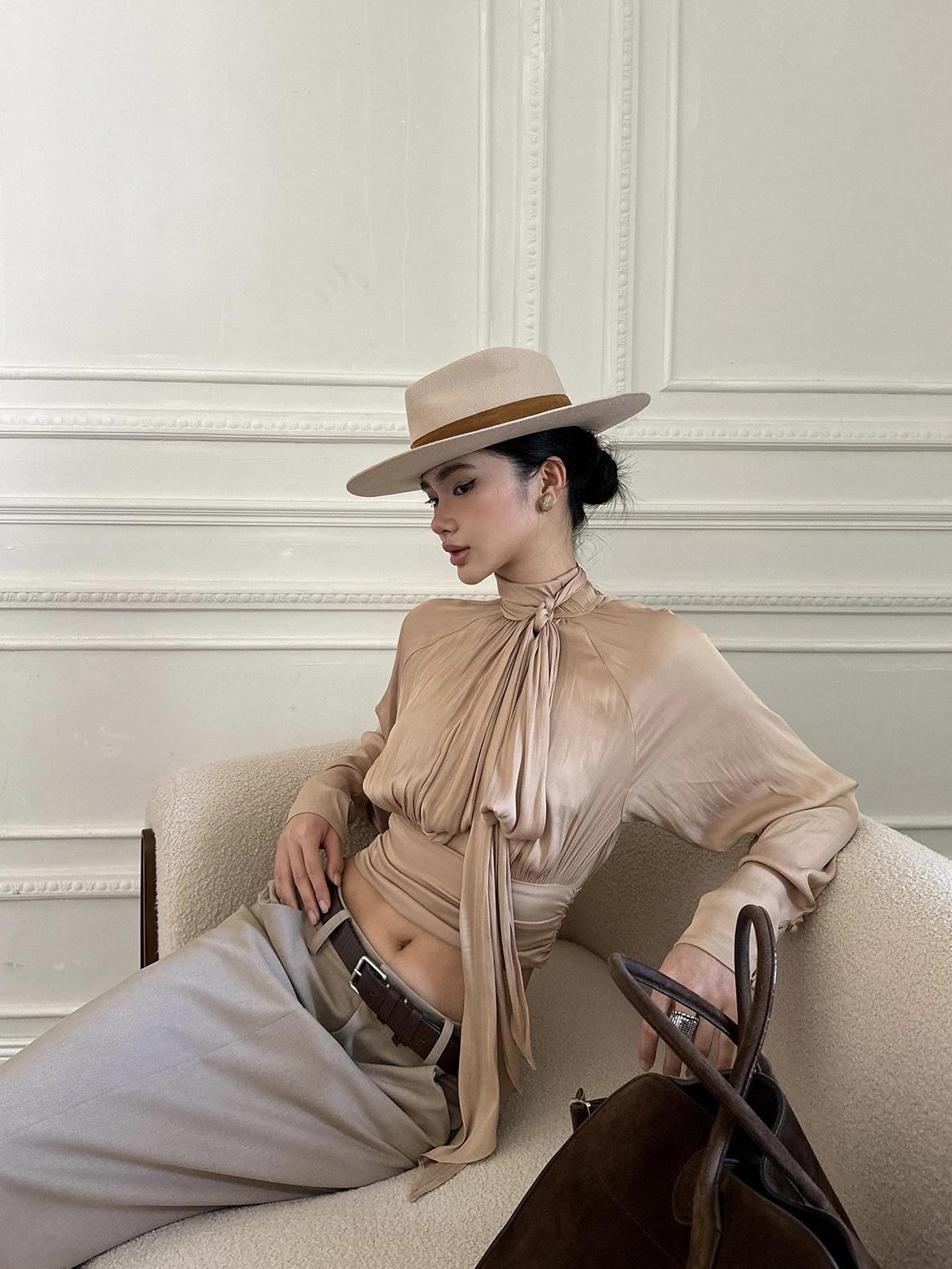rovente Nude Tie Cinched Waist Stand Collar Long Sleeve Women's Polyester Bow Blouses
