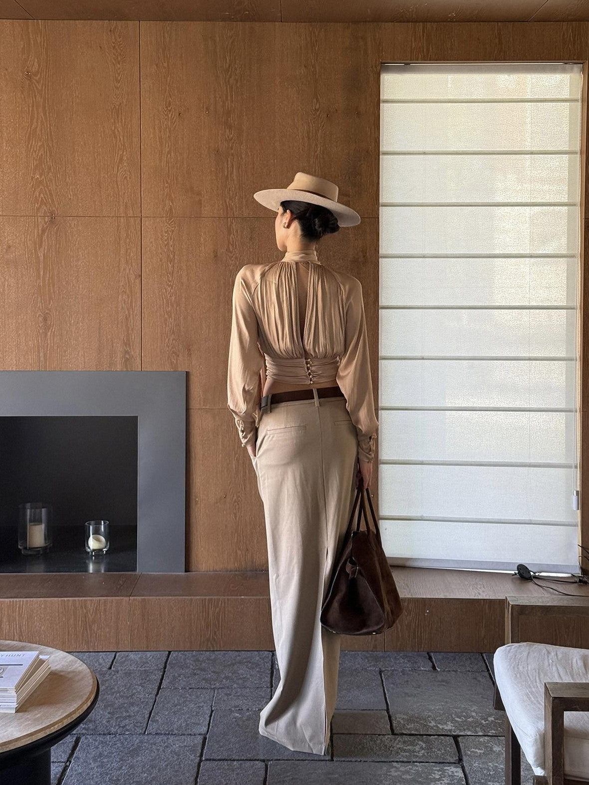 rovente Nude Tie Cinched Waist Stand Collar Long Sleeve Women's Polyester Bow Blouses