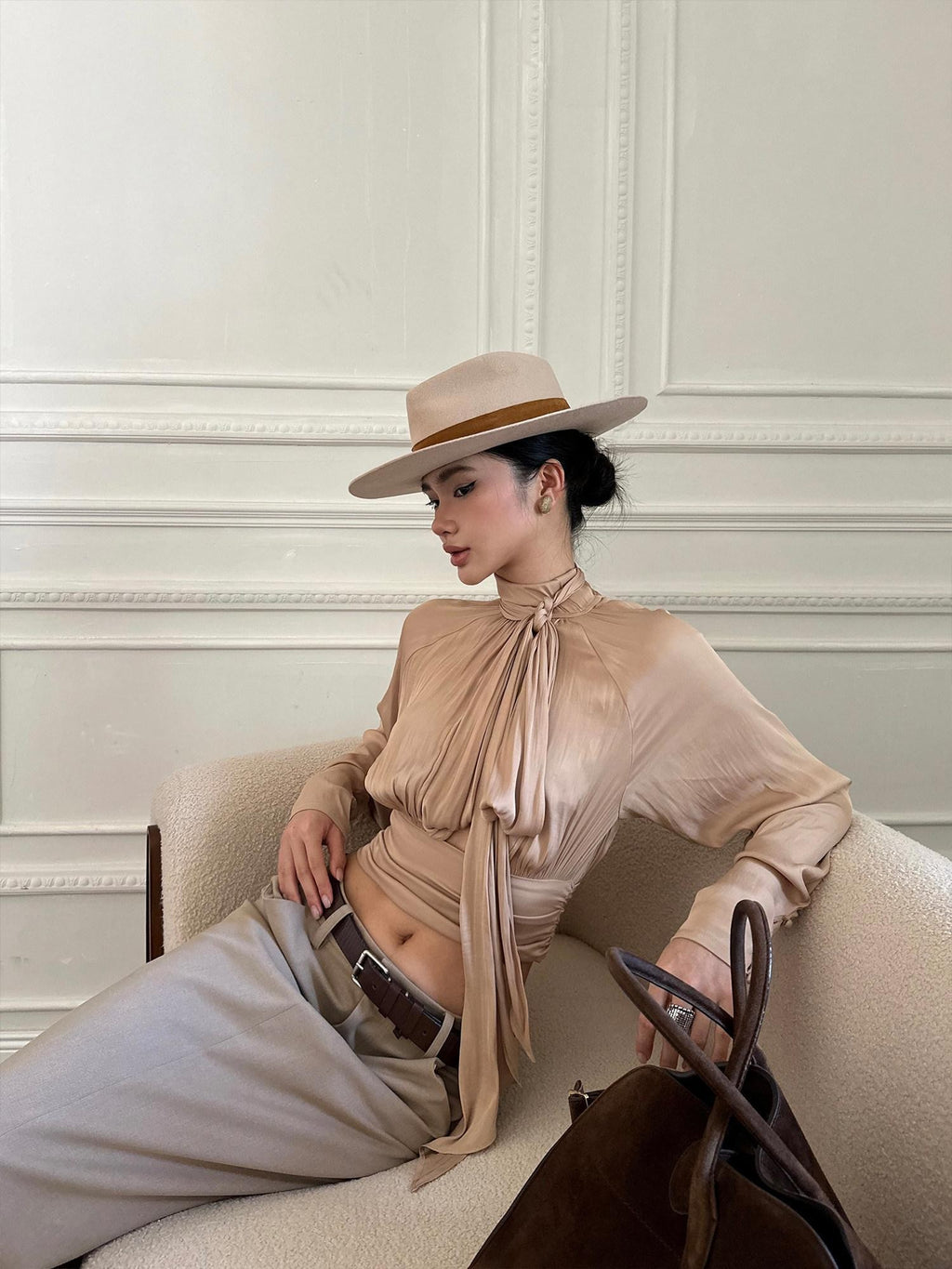 rovente Nude Tie Cinched Waist Stand Collar Long Sleeve Women's Polyester Bow Blouses