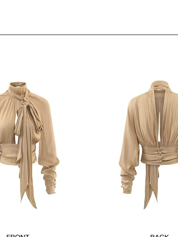 rovente Nude Tie Cinched Waist Stand Collar Long Sleeve Women's Polyester Bow Blouses