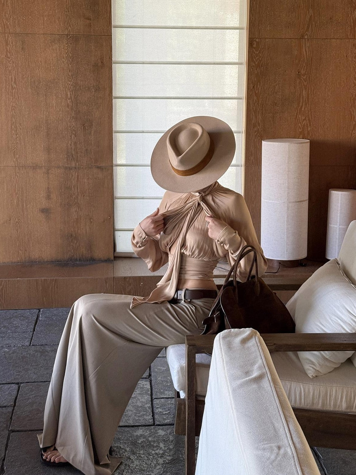 rovente Nude Tie Cinched Waist Stand Collar Long Sleeve Women's Polyester Bow Blouses