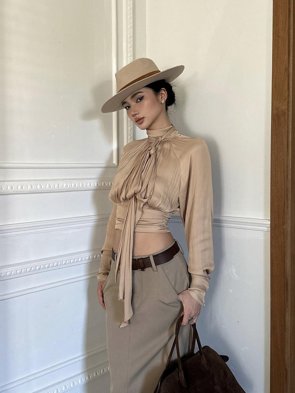 rovente Nude Tie Cinched Waist Stand Collar Long Sleeve Women's Polyester Bow Blouses
