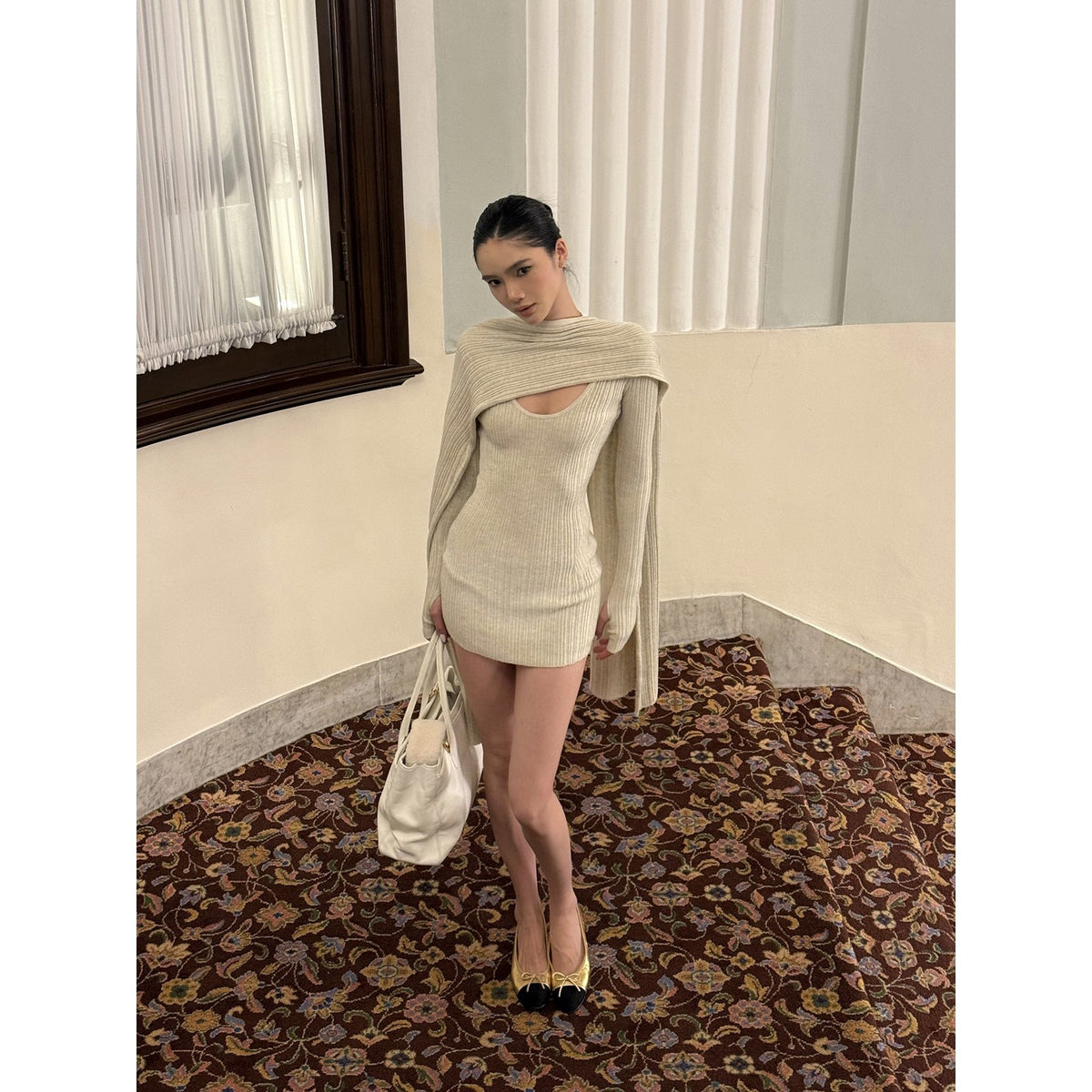 rovente_Oatmeal_V-neck_Knit_Cape_Two_Piece_Women's_Polyester_Bodycon_Mini_Dresses_1091316125341_MISSTT