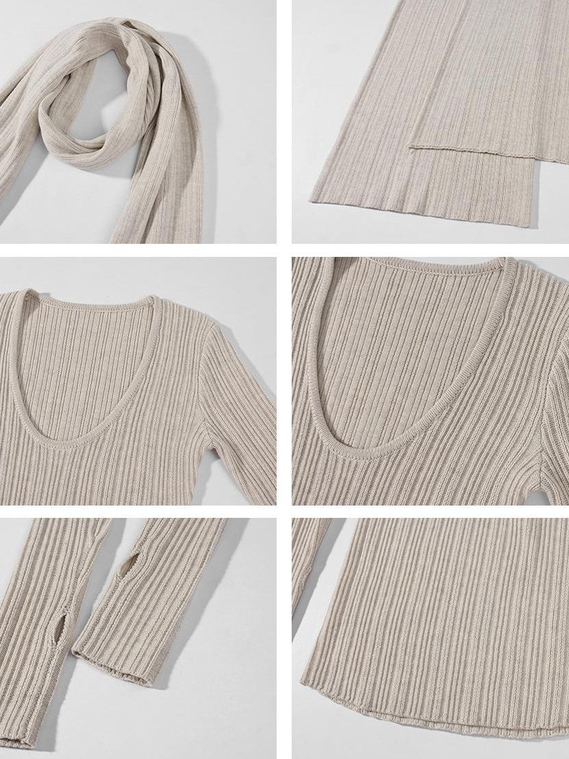 rovente Oatmeal V-neck Knit Cape Two Piece Women's Polyester Bodycon Mini Dresses