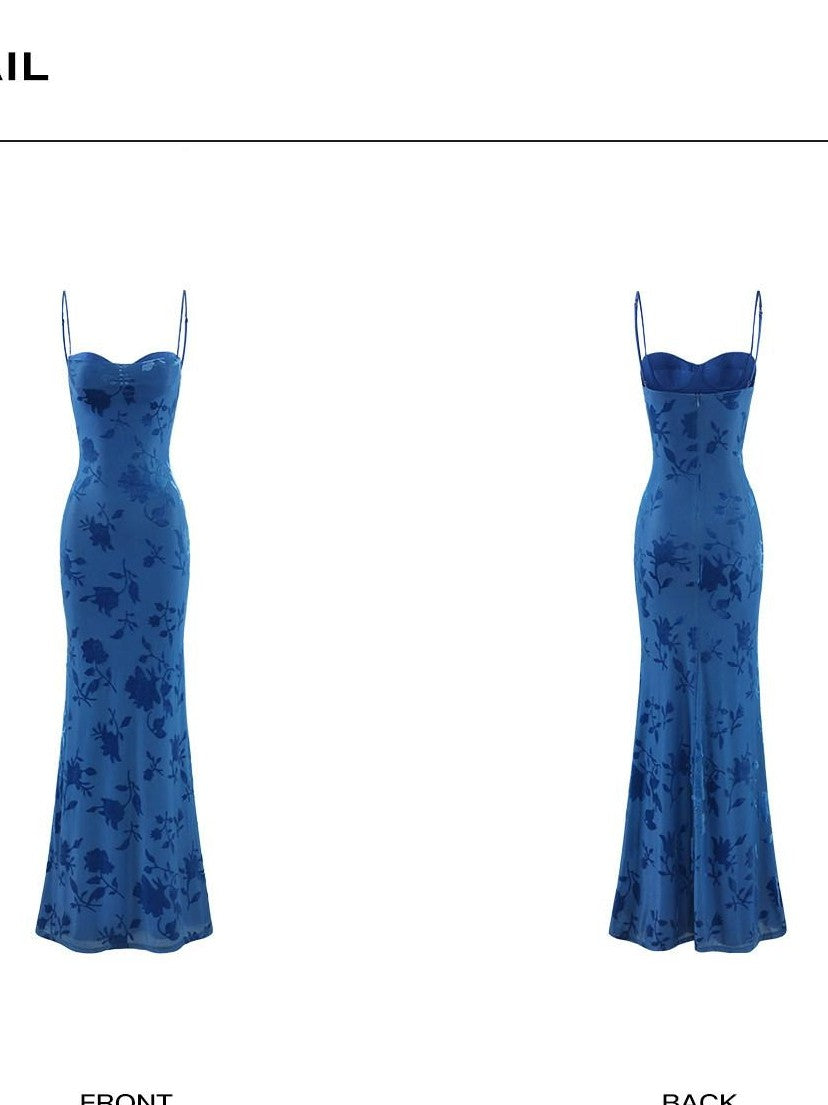 rovente Ocean Blue Print Strappy Slim Fit Women's Bodycon Maxi Dresses