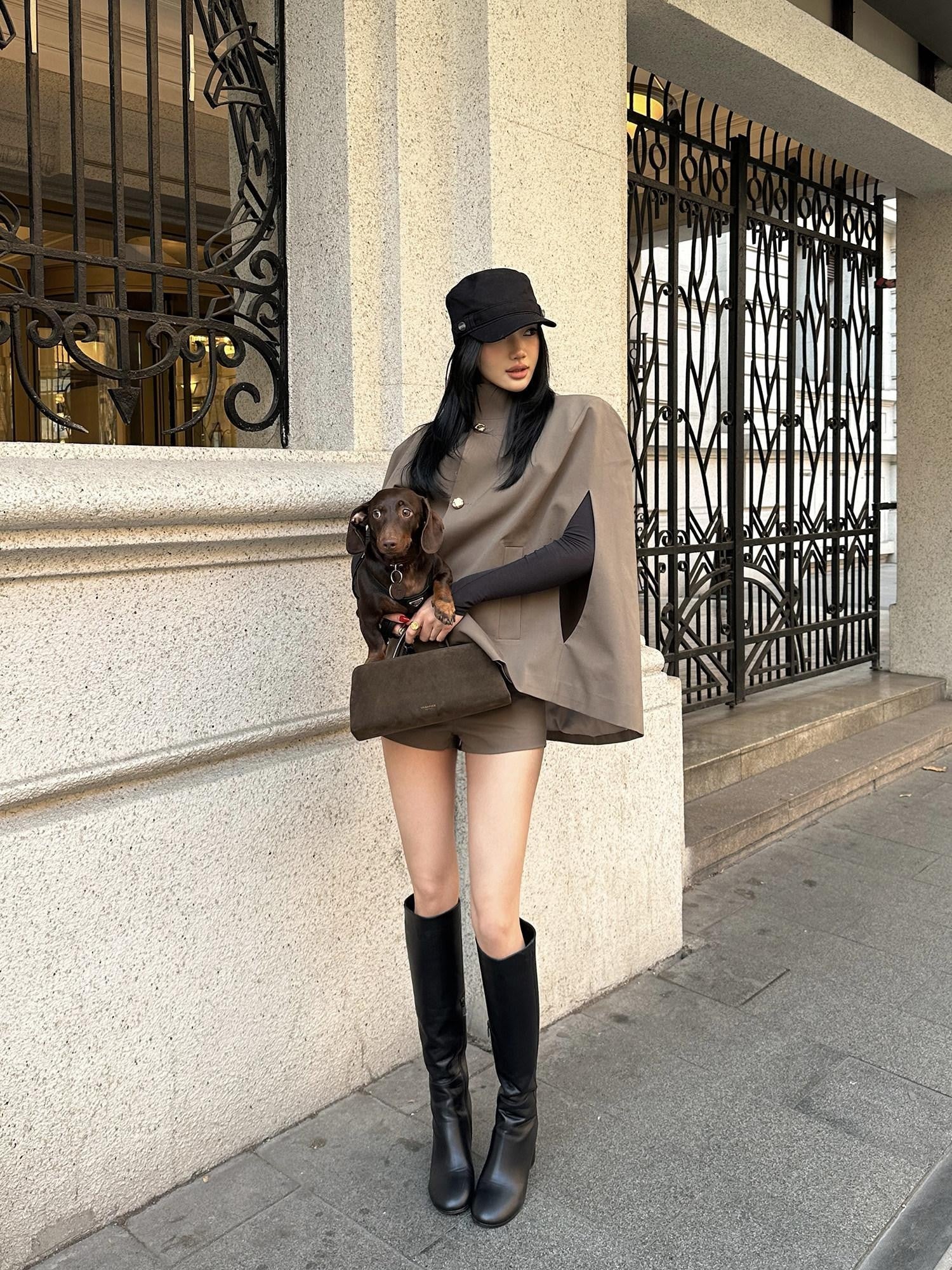 rovente Padded Shoulder High Collar Brown Loose Women's Wool Blend Single-breasted Coats