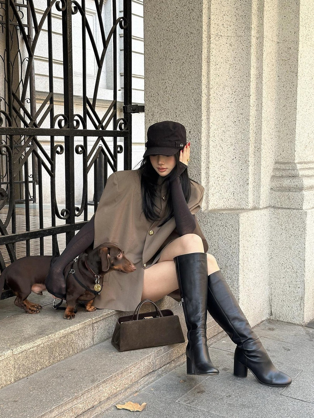 rovente Padded Shoulder High Collar Brown Loose Women's Wool Blend Single-breasted Coats