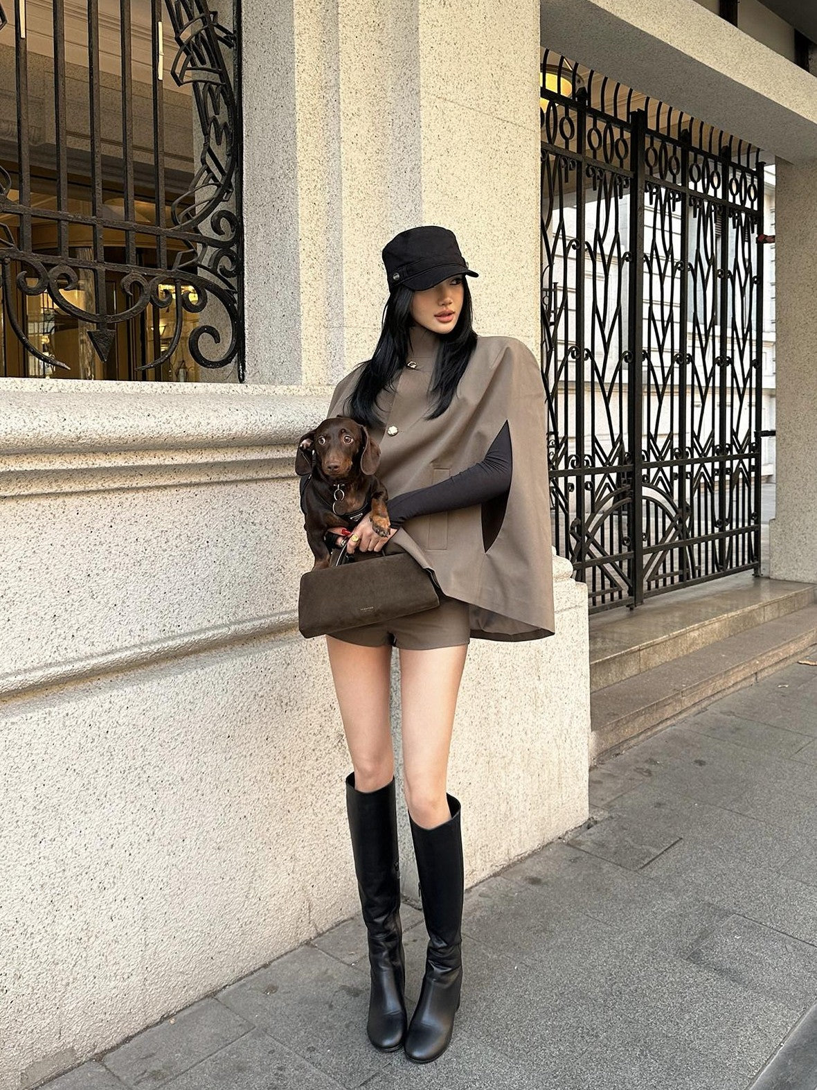 rovente Padded Shoulder High Collar Brown Loose Women's Wool Blend Single-breasted Coats