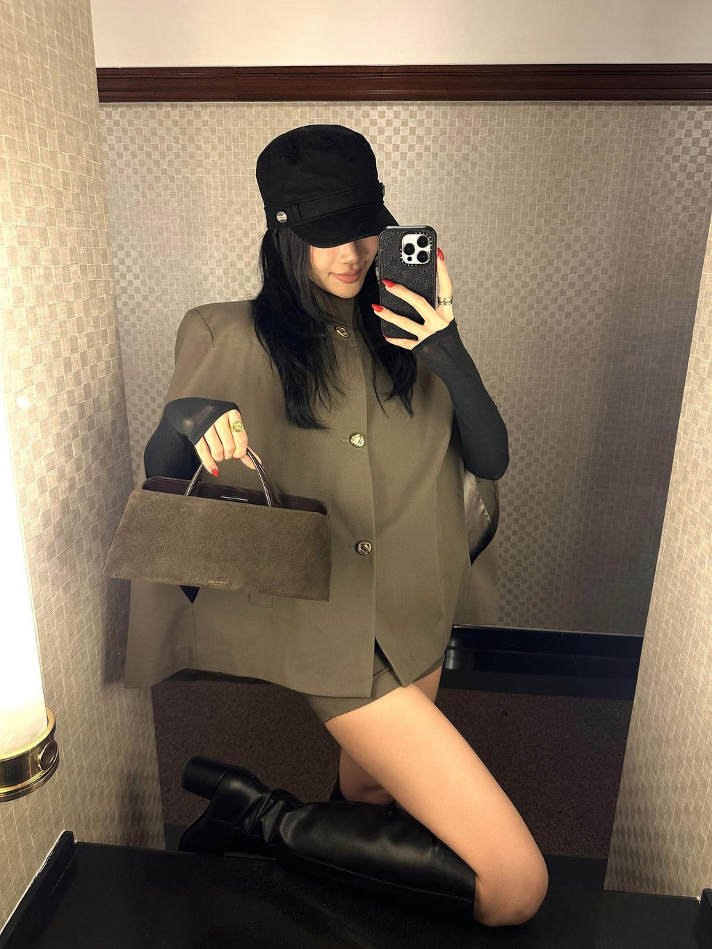 rovente Padded Shoulder High Collar Brown Loose Women's Wool Blend Single-breasted Coats