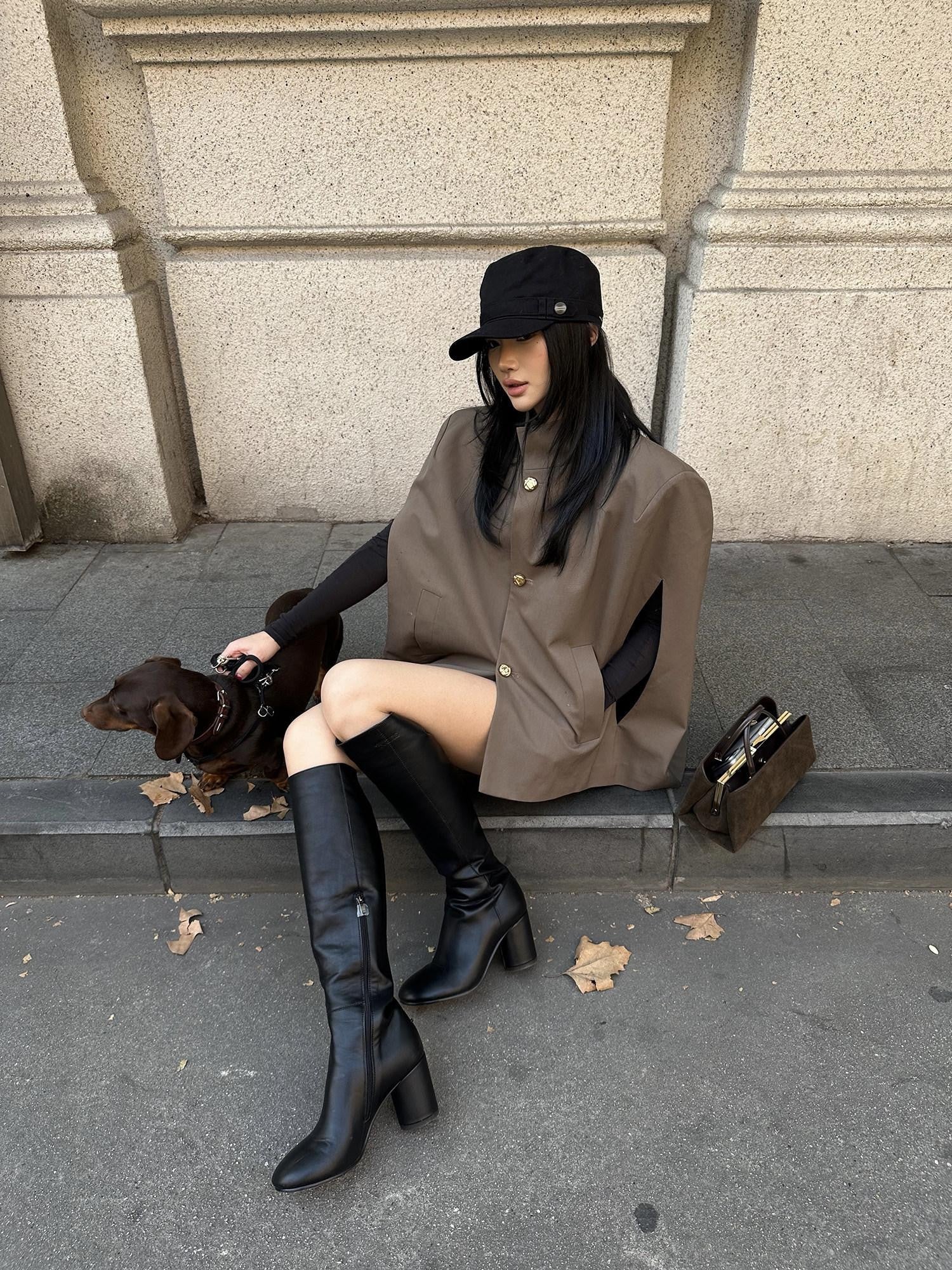 rovente Padded Shoulder High Collar Brown Loose Women's Wool Blend Single-breasted Coats