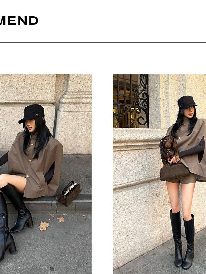 rovente Padded Shoulder High Collar Brown Loose Women's Wool Blend Single-breasted Coats