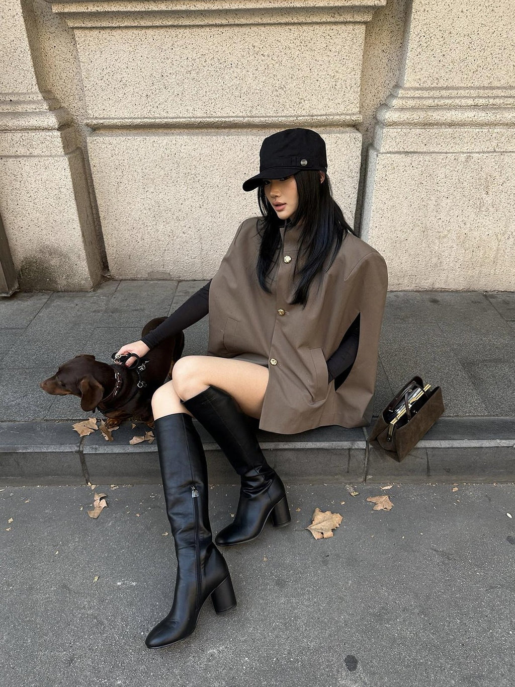rovente Padded Shoulder High Collar Brown Loose Women's Wool Blend Single-breasted Coats