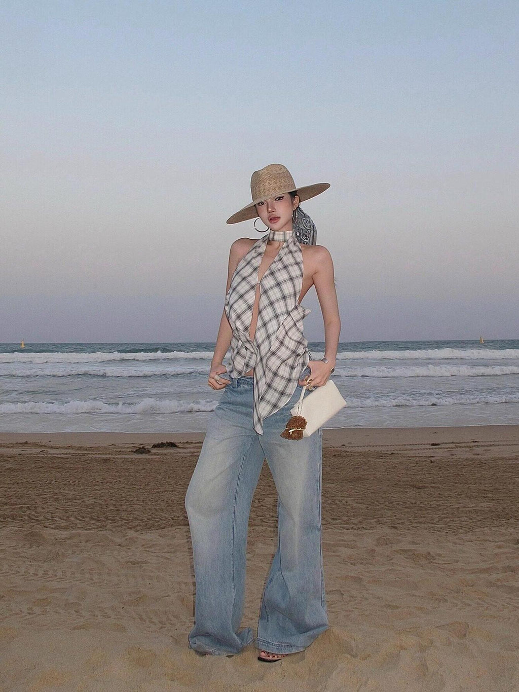 rovente Plaid V-neck Backless Halter Neck Long Slim Fit Women's Cotton Halter Tops