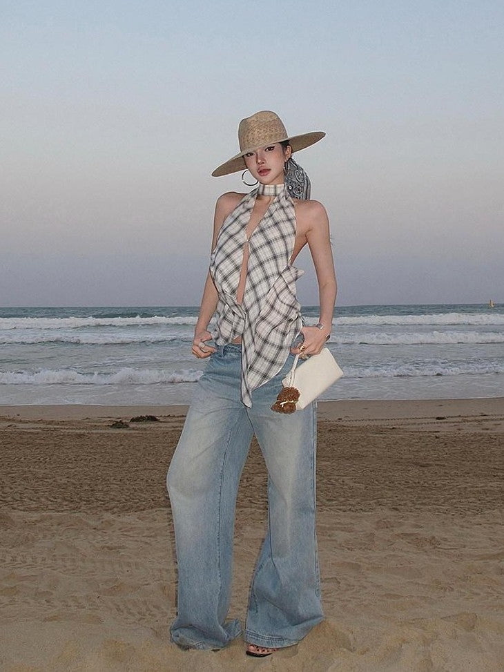 rovente Plaid V-neck Backless Halter Neck Long Slim Fit Women's Cotton Halter Tops