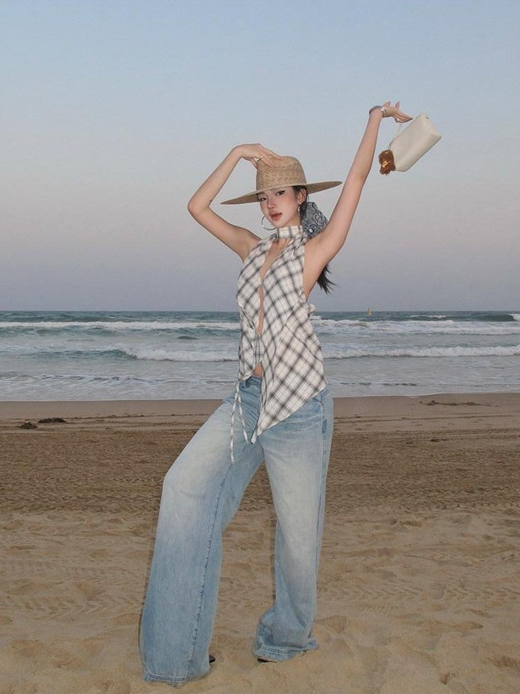 rovente Plaid V-neck Backless Halter Neck Long Slim Fit Women's Cotton Halter Tops