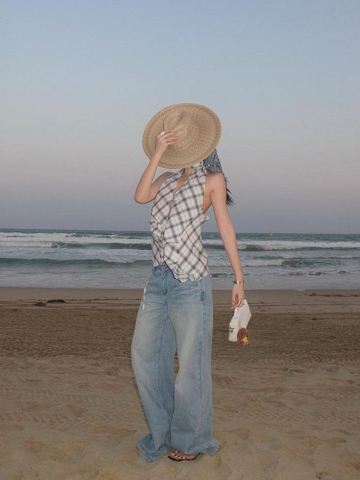 rovente Plaid V-neck Backless Halter Neck Long Slim Fit Women's Cotton Halter Tops