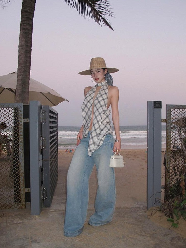 rovente Plaid V-neck Backless Halter Neck Long Slim Fit Women's Cotton Halter Tops