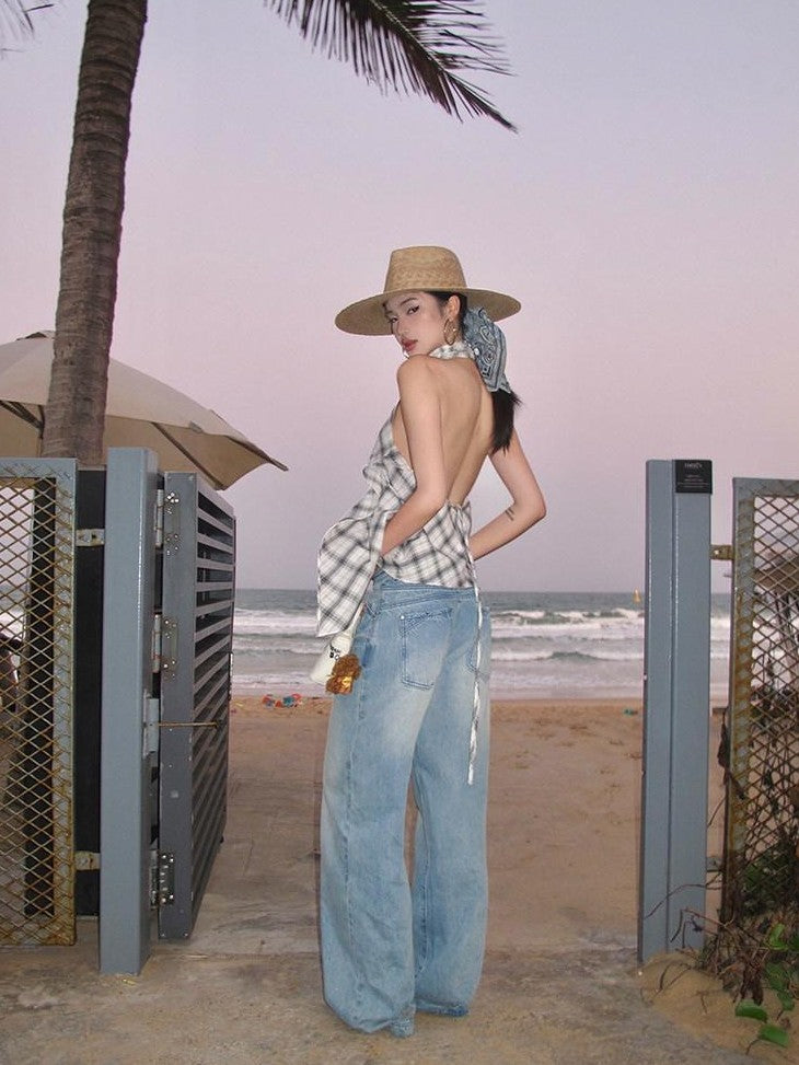rovente Plaid V-neck Backless Halter Neck Long Slim Fit Women's Cotton Halter Tops
