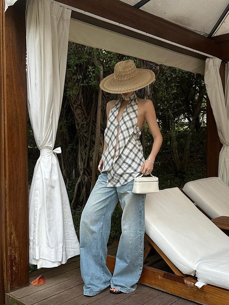 rovente Plaid V-neck Backless Halter Neck Long Slim Fit Women's Cotton Halter Tops