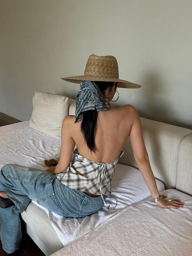 rovente Plaid V-neck Backless Halter Neck Long Slim Fit Women's Cotton Halter Tops