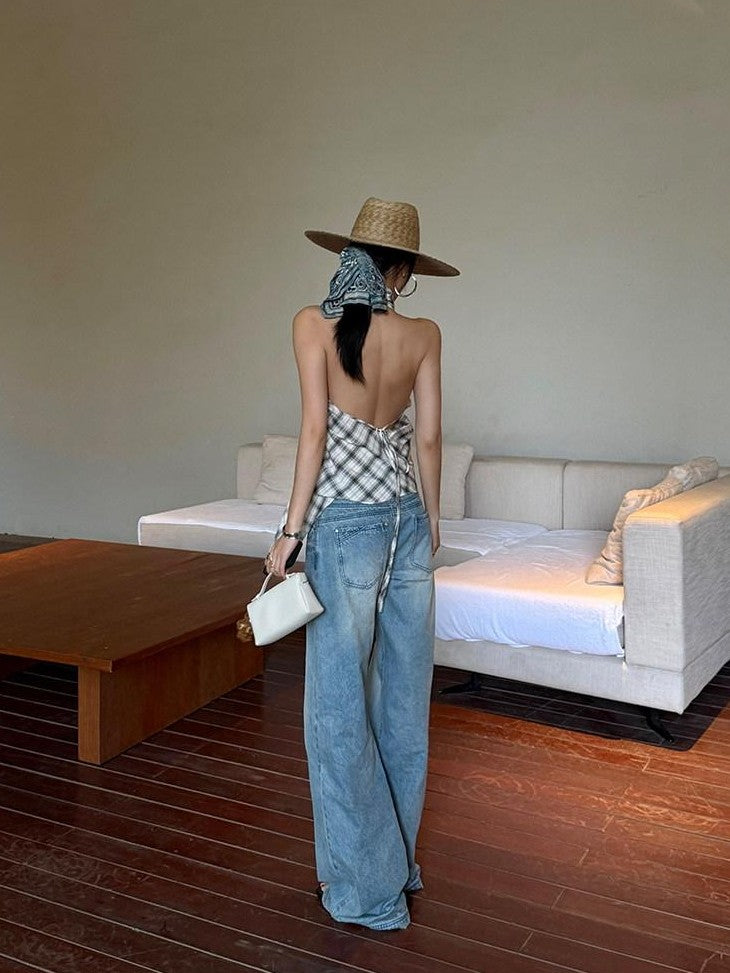 rovente Plaid V-neck Backless Halter Neck Long Slim Fit Women's Cotton Halter Tops
