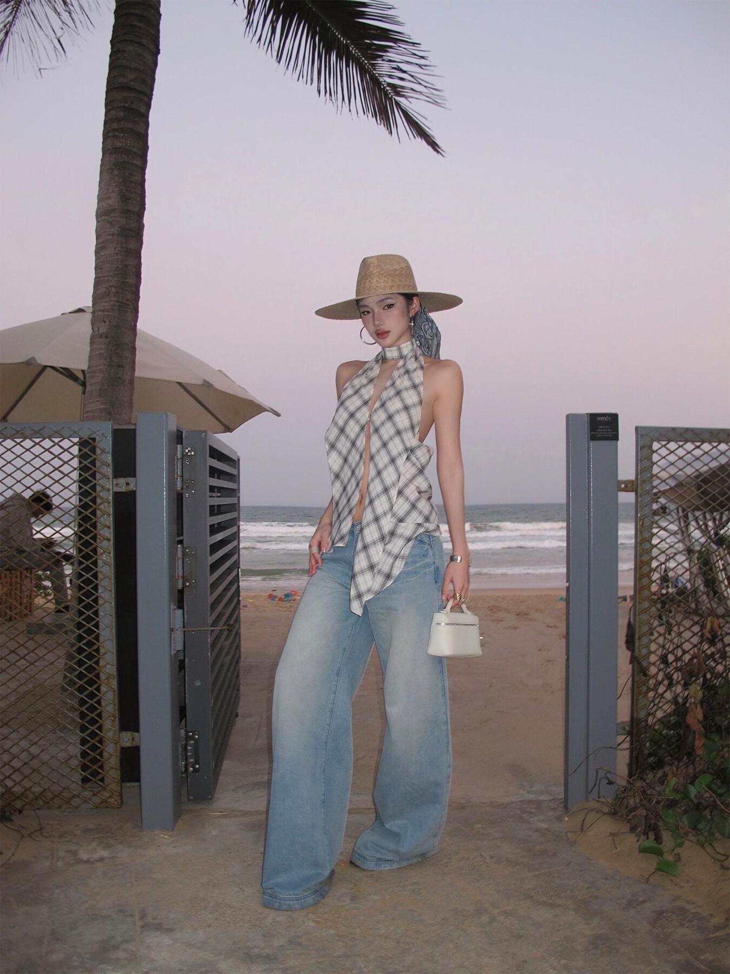 rovente Plaid V-neck Backless Halter Neck Long Slim Fit Women's Cotton Halter Tops
