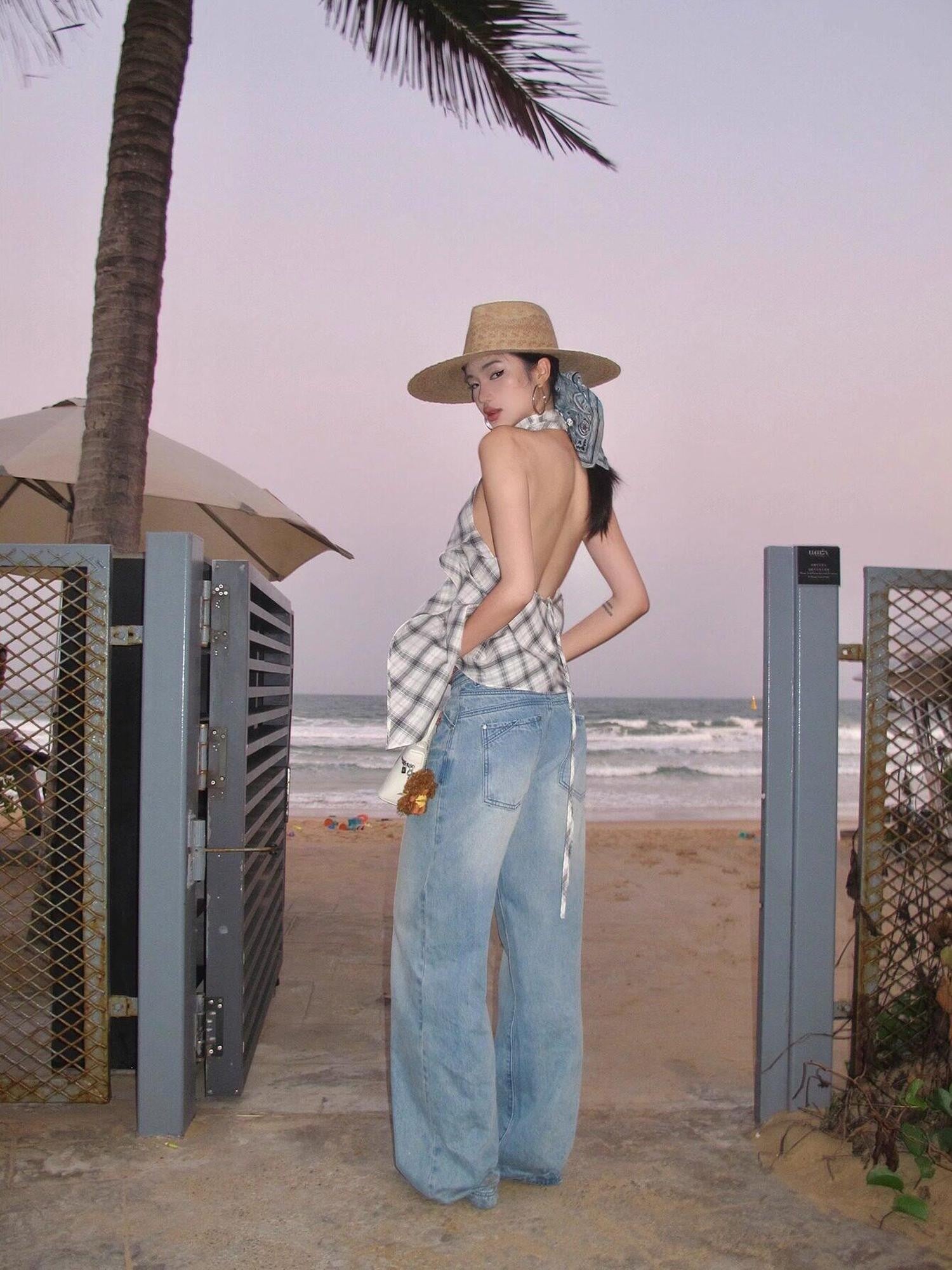 rovente Plaid V-neck Backless Halter Neck Long Slim Fit Women's Cotton Halter Tops