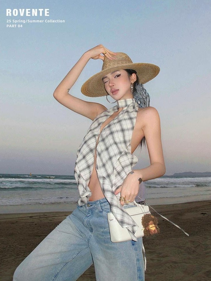 rovente Plaid V-neck Backless Halter Neck Long Slim Fit Women's Cotton Halter Tops