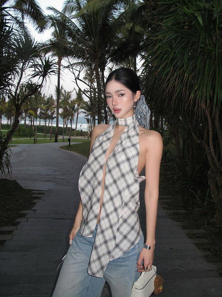 rovente Plaid V-neck Backless Halter Neck Long Slim Fit Women's Cotton Halter Tops