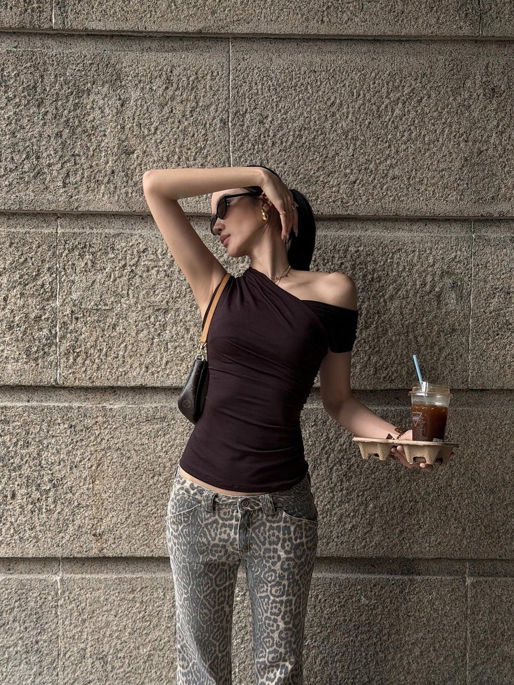 rovente Plum Purple Asymmetric Shoulder Ruched Pleat Women's Lyocell Slim T-shirts