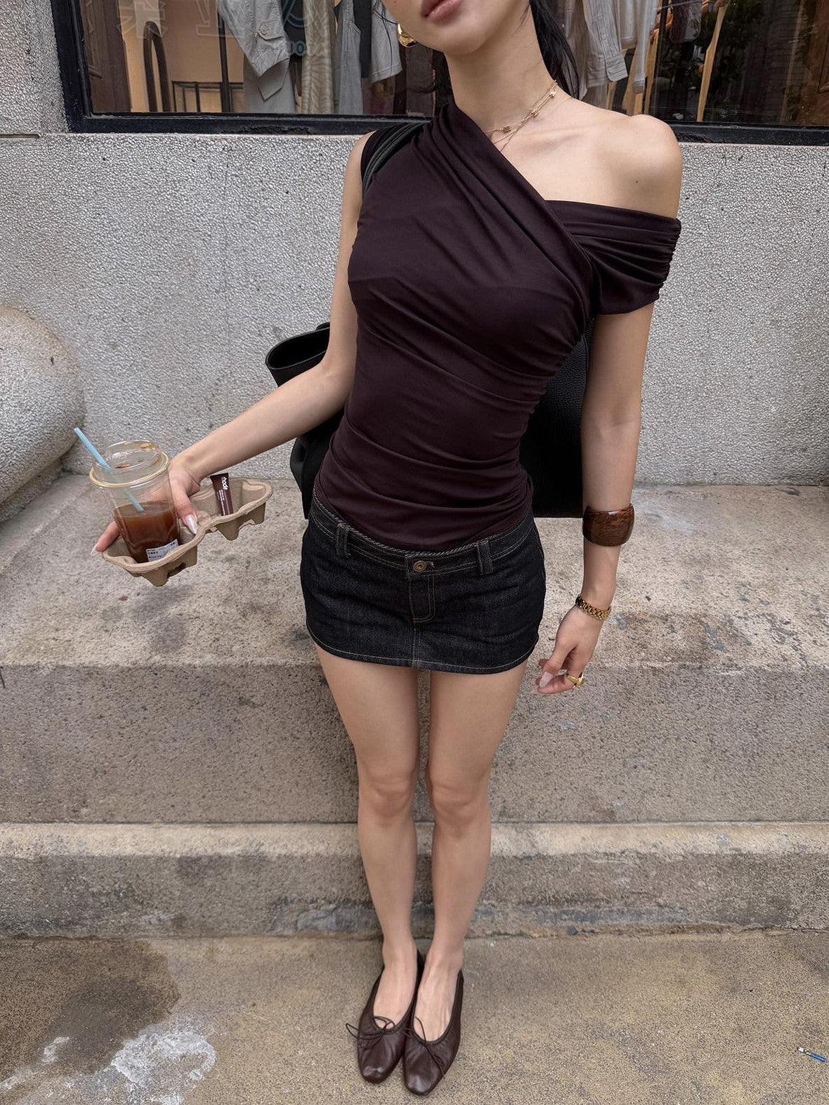 rovente Plum Purple Asymmetric Shoulder Ruched Pleat Women's Lyocell Slim T-shirts