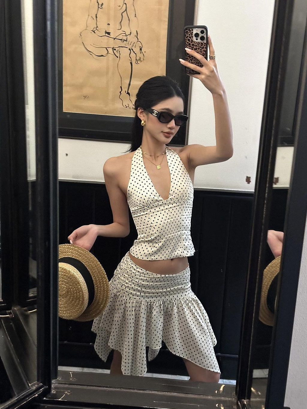 rovente Polka Dot Sexy V-neck Halter Asymmetrical Women's Polyester Matching Skirt Sets