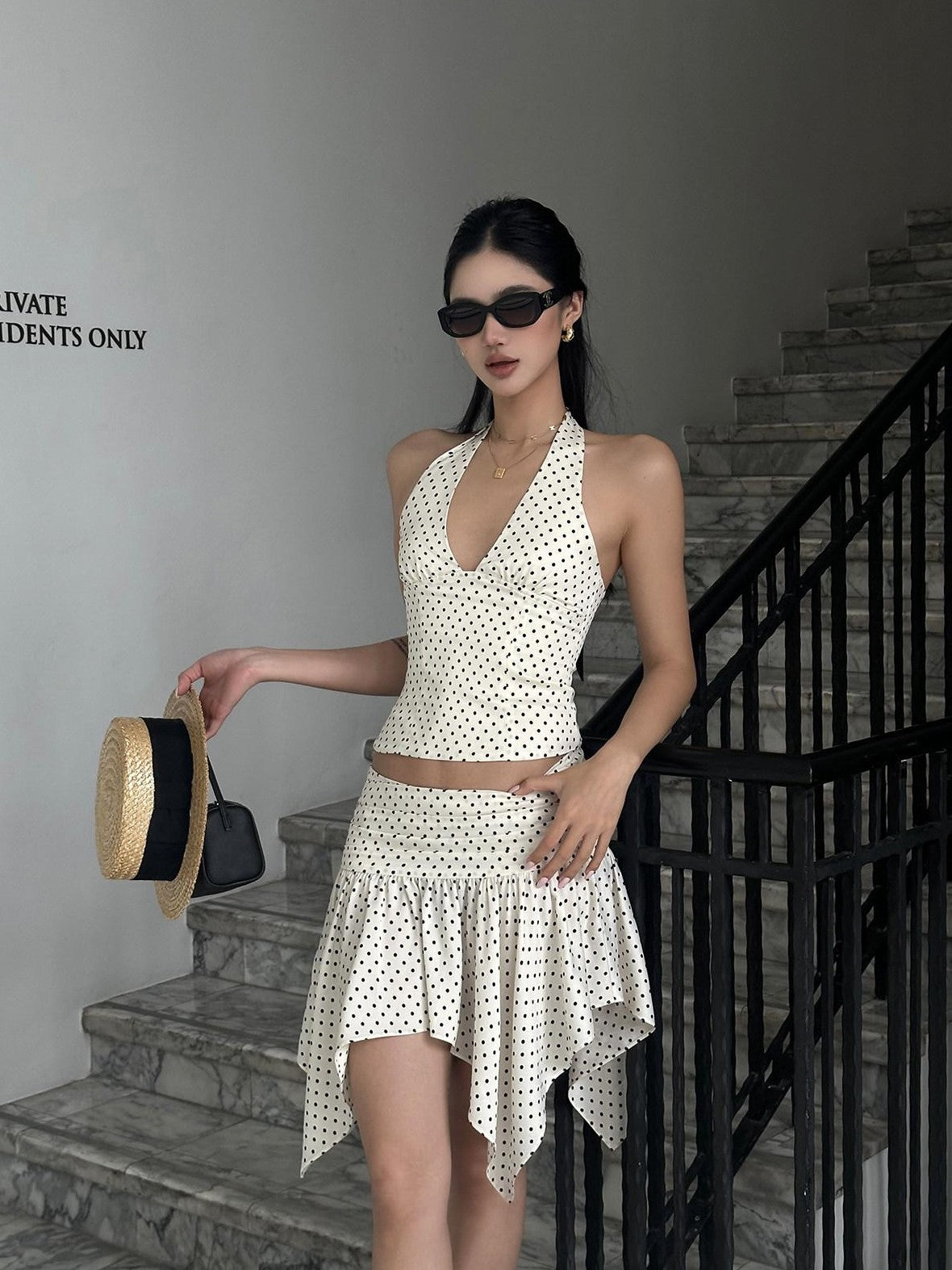 rovente Polka Dot Sexy V-neck Halter Asymmetrical Women's Polyester Matching Skirt Sets