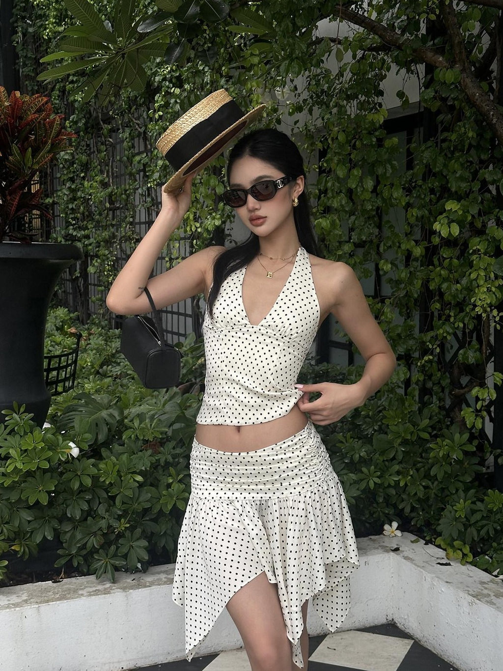 rovente Polka Dot Sexy V-neck Halter Asymmetrical Women's Polyester Matching Skirt Sets