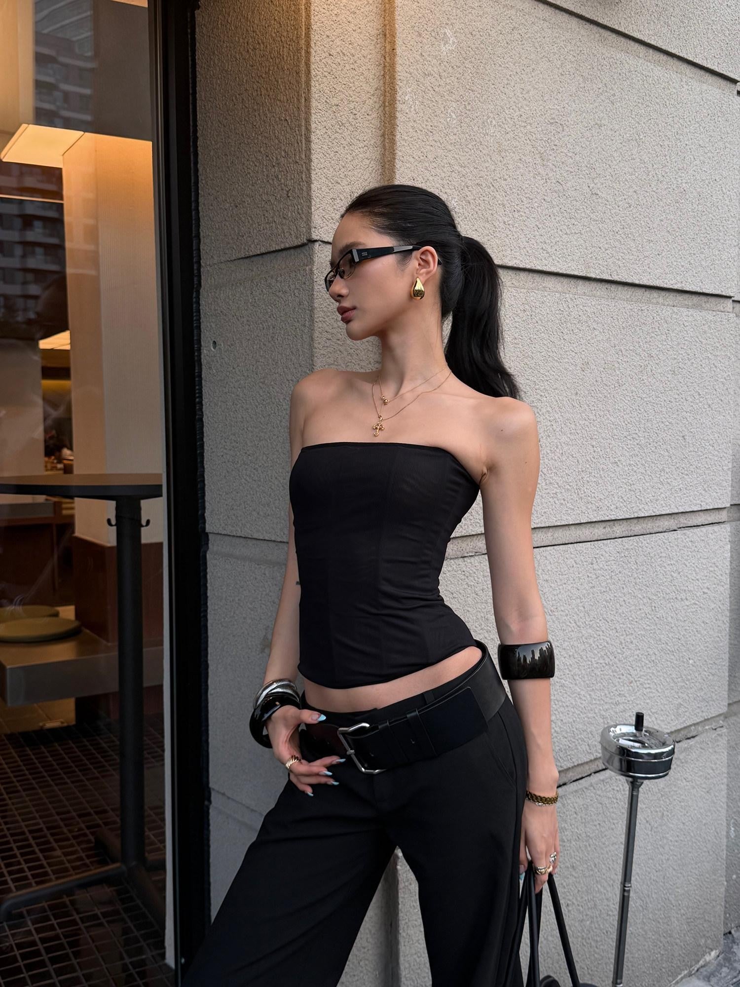 rovente Prismatic Fishbone Corset Boned Slimming Women's Sheer Black Mesh Tube Tops