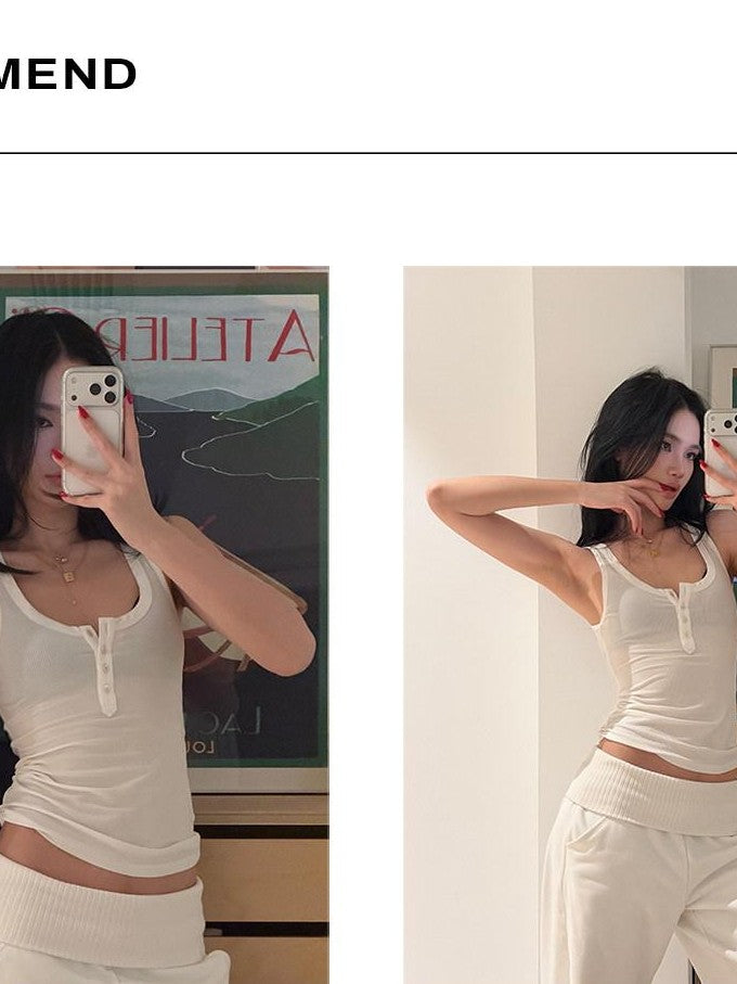 rovente Pure White U Neck Button Slim High Stretch Women's Lyocell Tank Tops