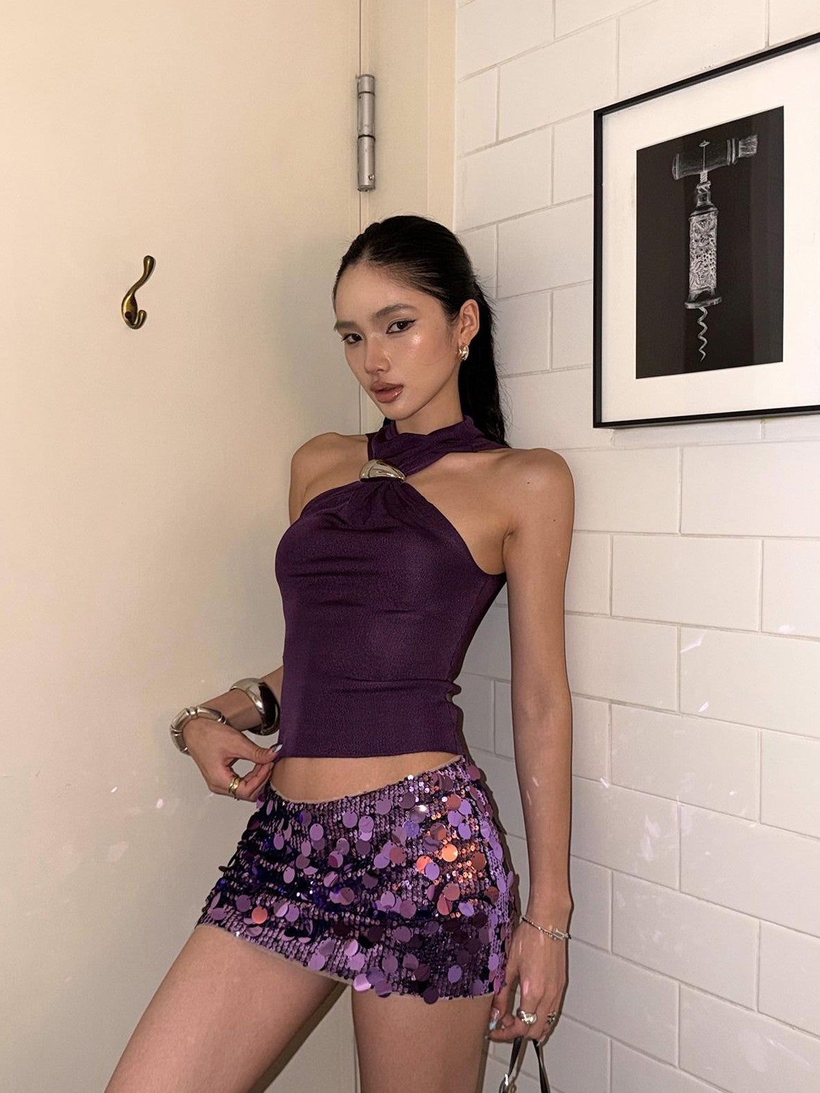 rovente Purple Sequin Low Rise Bodycon Women's Safety Lined Mini Skirts