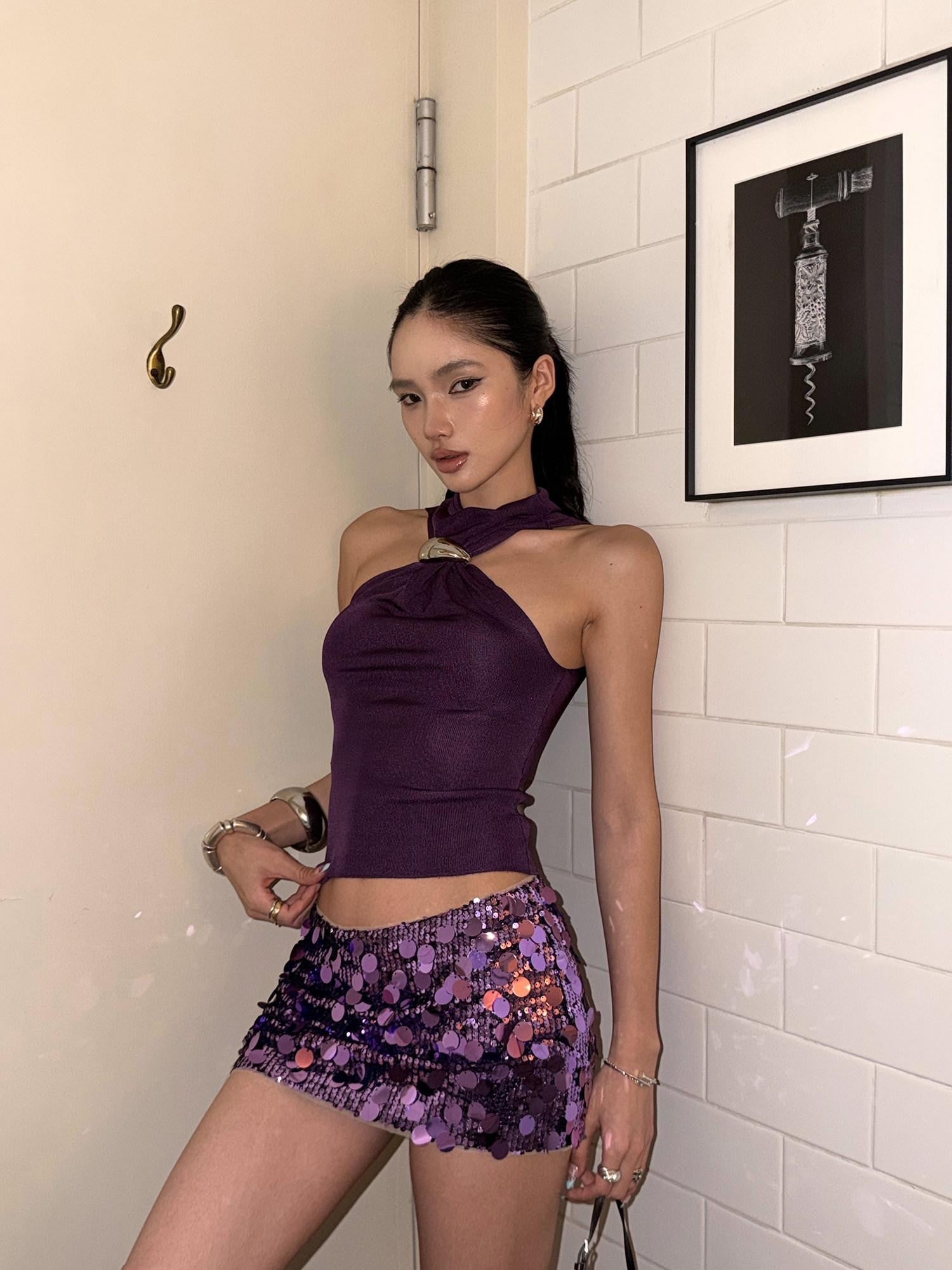 rovente Purple Sequin Low Rise Bodycon Women's Safety Lined Mini Skirts